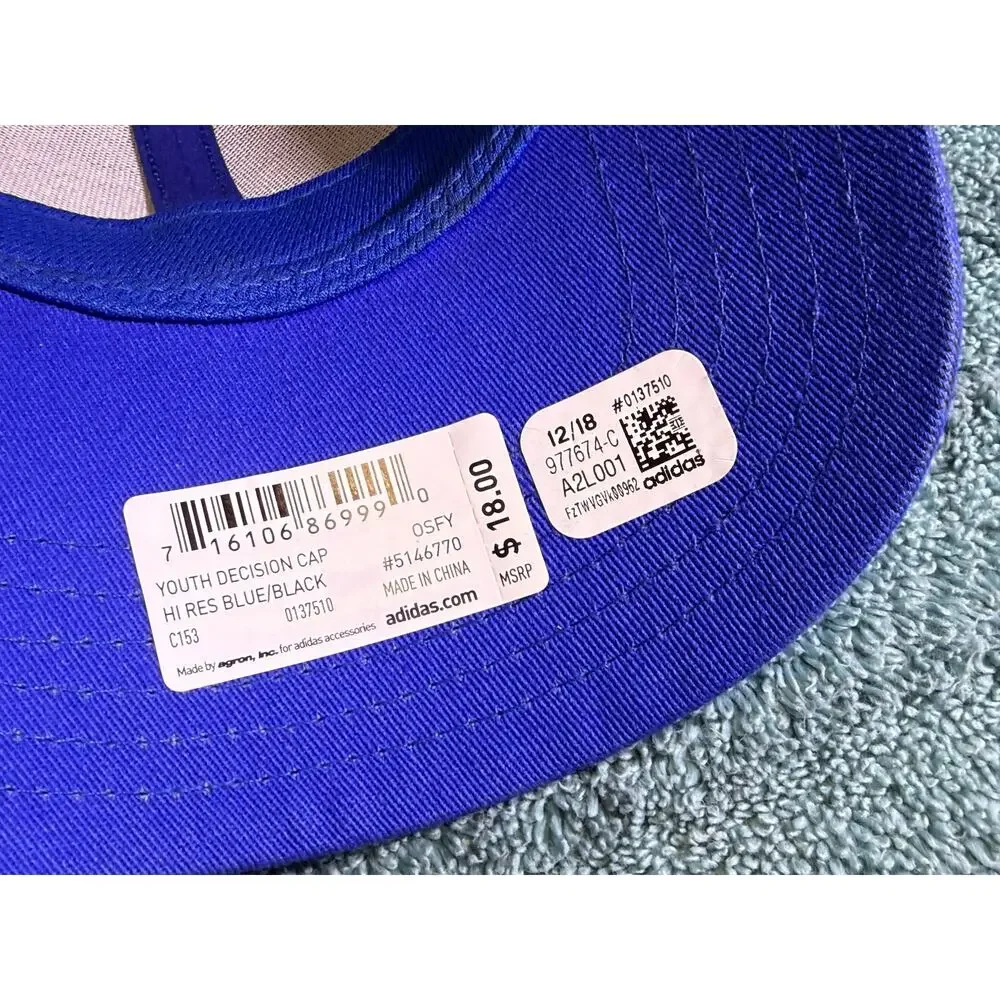 New Adidas Youth Blue / Black Climalite Baseball hat adjustable closure